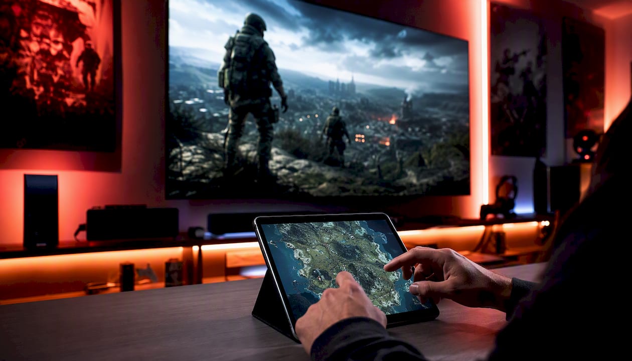 Hand placing marker on game map from trailer frame