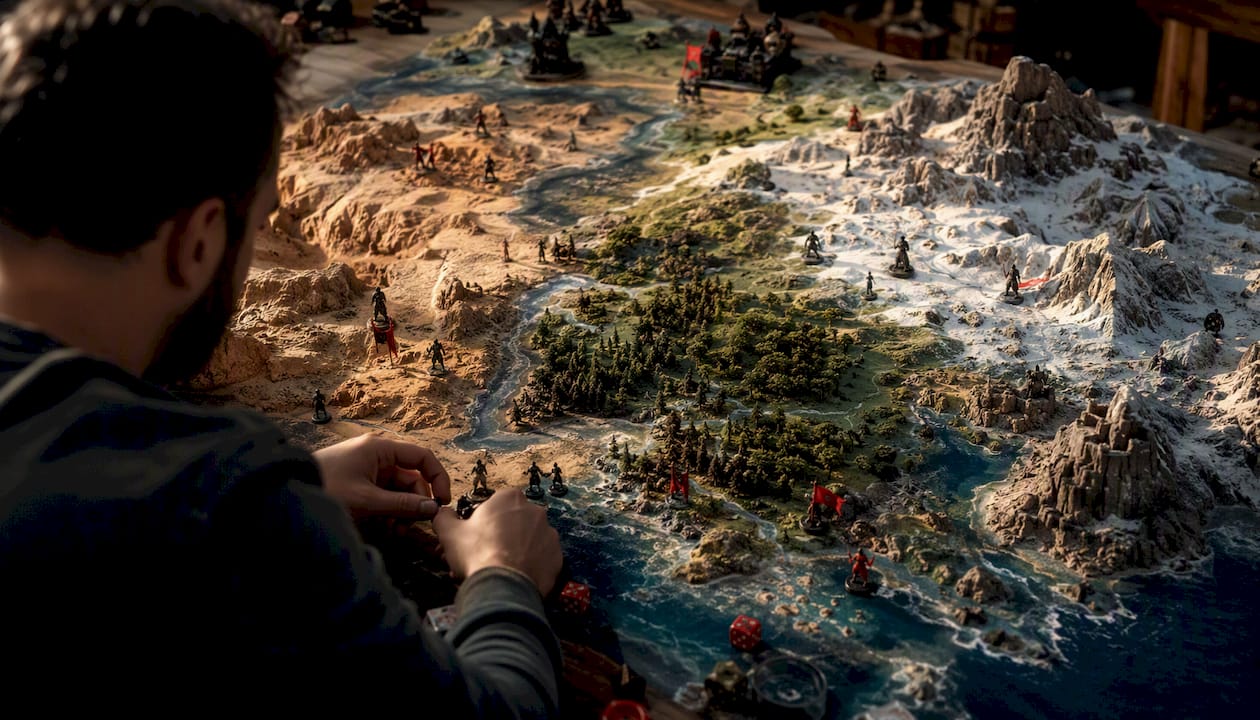Tabletop diorama of varied game regions