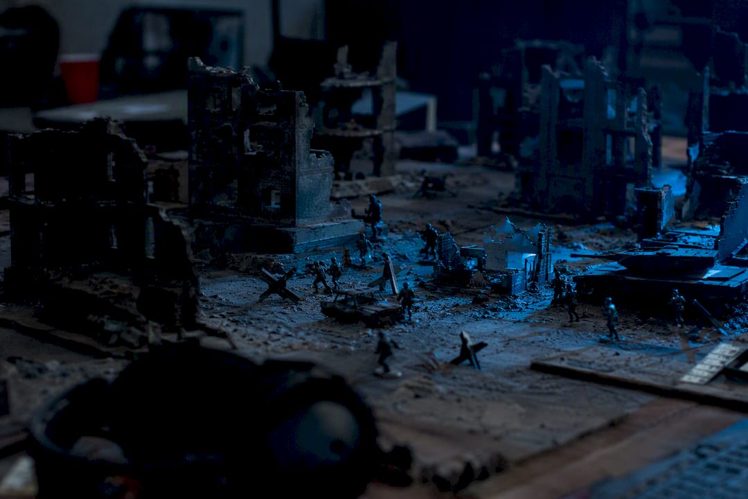 Miniature urban warfare set in gaming room